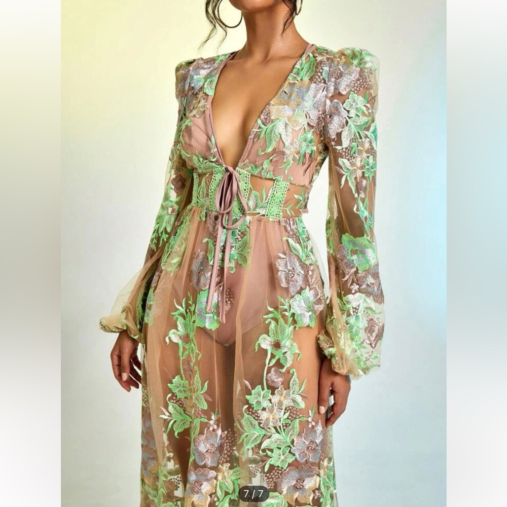 Floral Embroidery Tie Front Ruffle Hem Mesh Dress